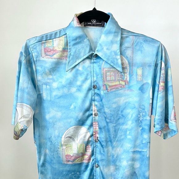 VINTAGE 1970S VAN HEUSEN PRINTED NYLON SHIRT in Sky Blue-Size Mens Small - Picture 3 of 13